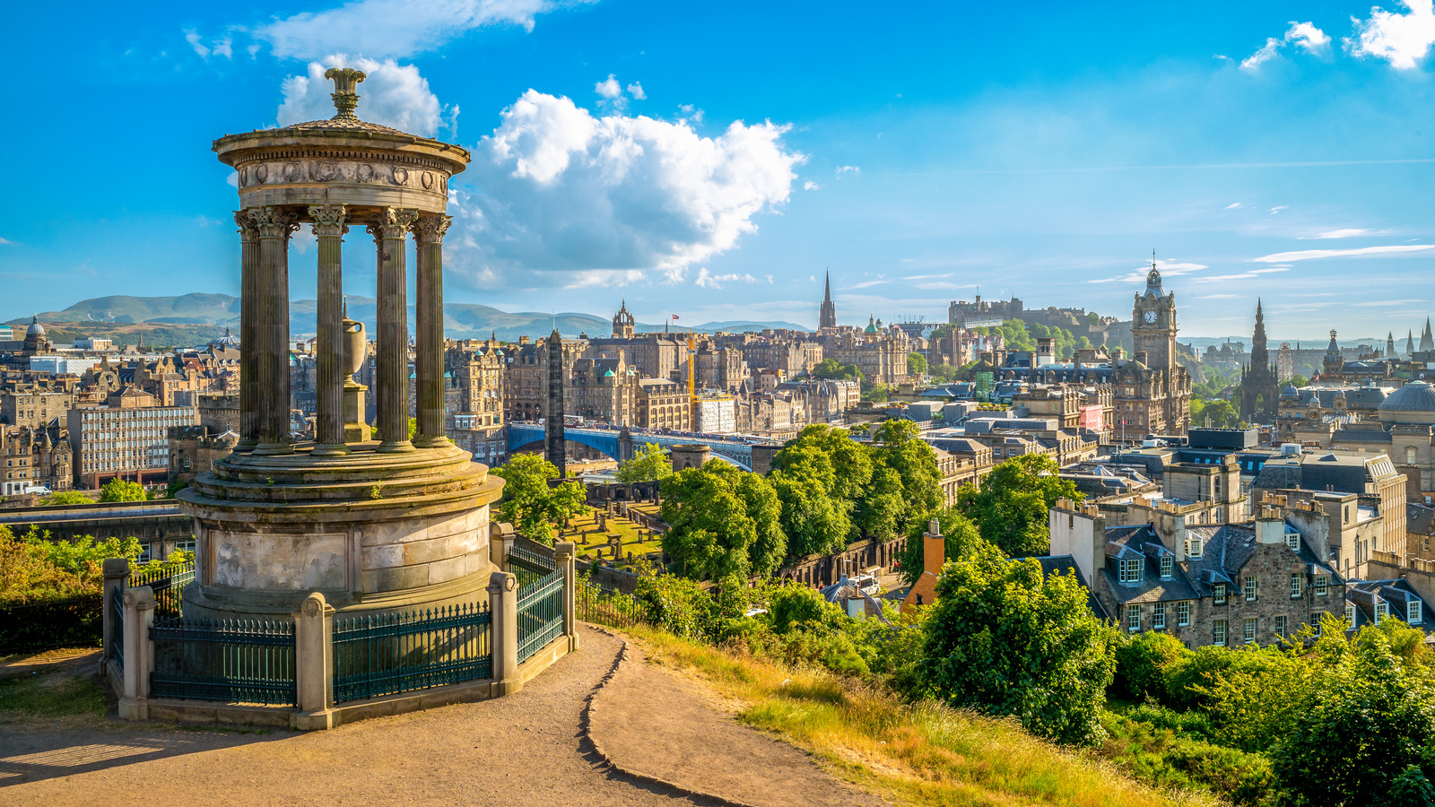 Calton Hill monument above Edinburgh, framed with stillness